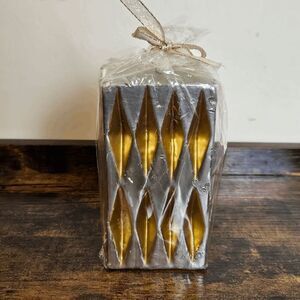 Square Pillar 6"Candle Embossed Luxury Design NWT Gray/Gold One Size